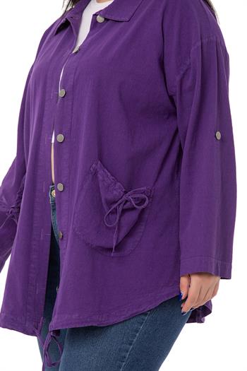 Büyük Beden Katlamalı Kollu Cebi Büzgü Detaylı Uzun Mor Ceket