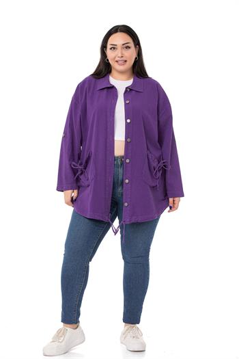 Büyük Beden Katlamalı Kollu Cebi Büzgü Detaylı Uzun Mor Ceket