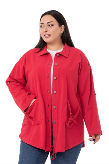 Büyük Beden Katlamalı Kollu Cebi Büzgü Detaylı Uzun Kırmızı Ceket