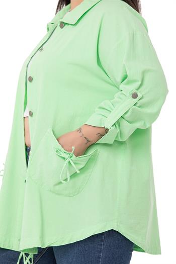 Büyük Beden Katlamalı Kollu Cebi Büzgü Detaylı Uzun Yeşil Ceket