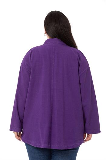 Büyük Beden Katlamalı Kollu Cebi Büzgü Detaylı Uzun Mor Ceket