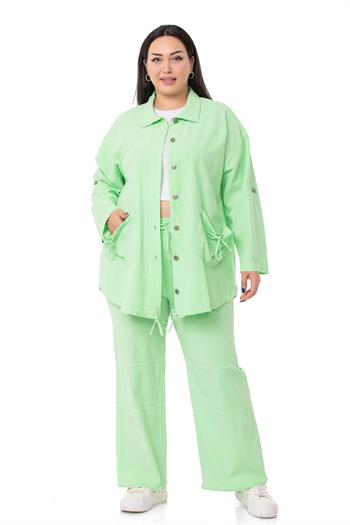 Büyük Beden Katlamalı Kollu Cebi Büzgü Detaylı Uzun Yeşil Ceket