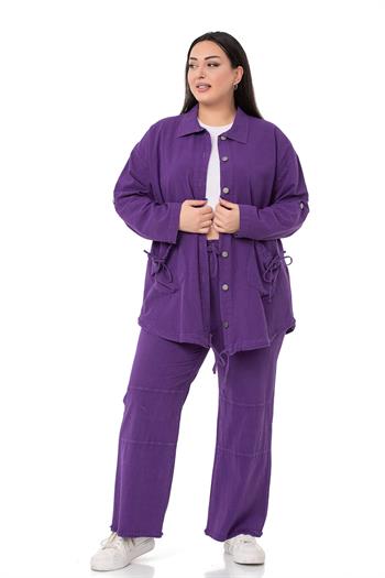Büyük Beden Katlamalı Kollu Cebi Büzgü Detaylı Uzun Mor Ceket