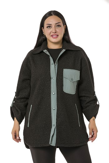 Büyük Beden Katlamalı Kollu Gri Kumaş Garnili Buklet Siyah Ceket Gömlek