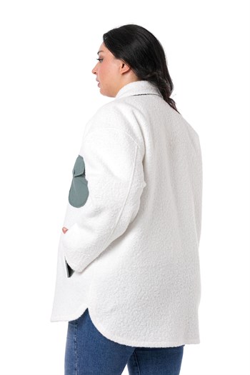 Büyük Beden Katlamalı Kollu Gri Kumaş Garnili Buklet Beyaz Ceket Gömlek