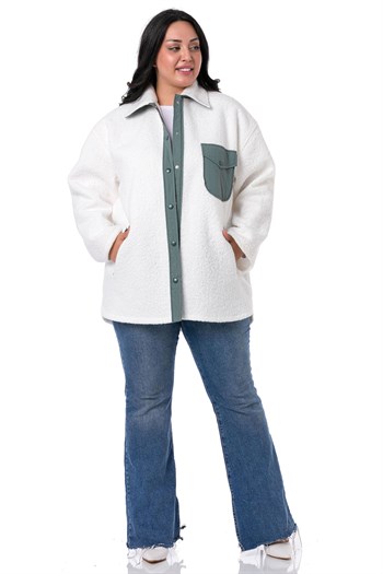 Büyük Beden Katlamalı Kollu Gri Kumaş Garnili Buklet Beyaz Ceket Gömlek