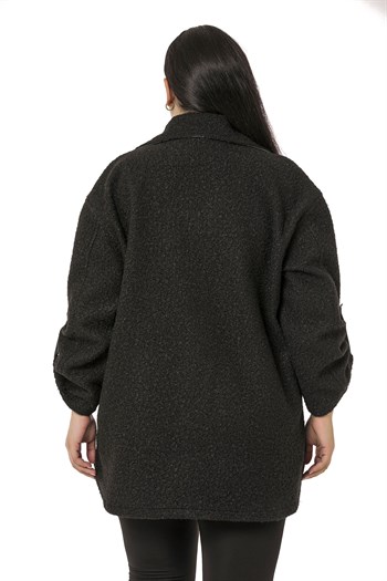 Büyük Beden Katlamalı Kollu Gri Kumaş Garnili Buklet Siyah Ceket Gömlek