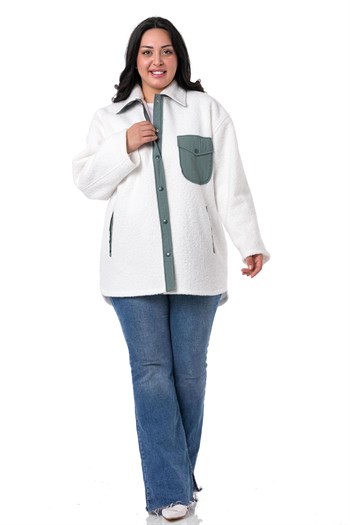 Büyük Beden Katlamalı Kollu Gri Kumaş Garnili Buklet Beyaz Ceket Gömlek