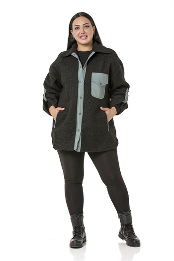 Büyük Beden Katlamalı Kollu Gri Kumaş Garnili Buklet Siyah Ceket Gömlek