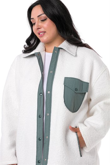 Büyük Beden Katlamalı Kollu Gri Kumaş Garnili Buklet Beyaz Ceket Gömlek