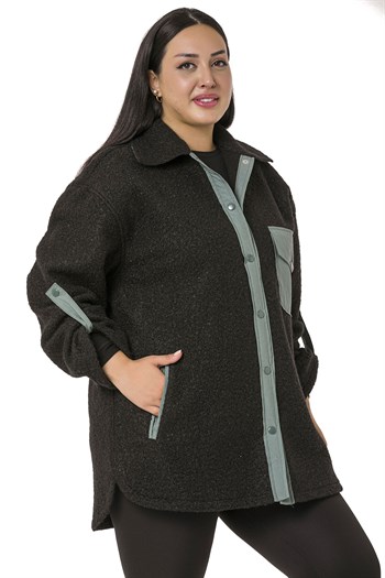Büyük Beden Katlamalı Kollu Gri Kumaş Garnili Buklet Siyah Ceket Gömlek