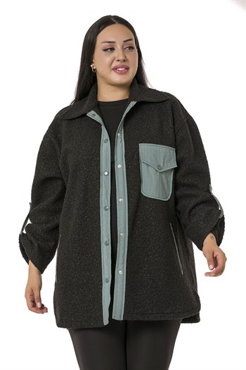 Büyük Beden Katlamalı Kollu Gri Kumaş Garnili Buklet Siyah Ceket Gömlek