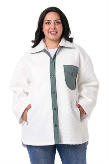 Büyük Beden Katlamalı Kollu Gri Kumaş Garnili Buklet Beyaz Ceket Gömlek