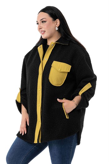 Büyük Beden Katlamalı Kollu Hardal Kumaş Garnili Buklet Siyah Ceket Gömlek