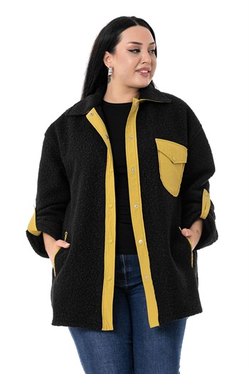 Büyük Beden Katlamalı Kollu Hardal Kumaş Garnili Buklet Siyah Ceket Gömlek