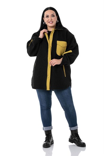 Büyük Beden Katlamalı Kollu Hardal Kumaş Garnili Buklet Siyah Ceket Gömlek