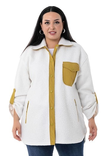 Büyük Beden Katlamalı Kollu Hardal Kumaş Garnili Buklet Beyaz Ceket Gömlek