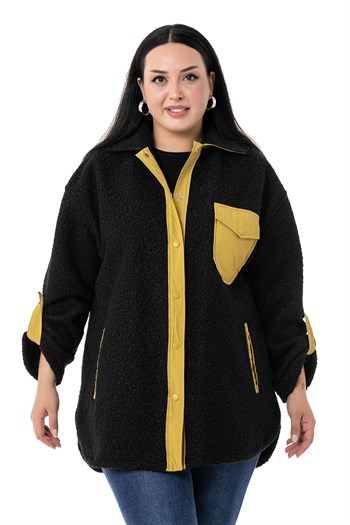 Büyük Beden Katlamalı Kollu Hardal Kumaş Garnili Buklet Siyah Ceket Gömlek