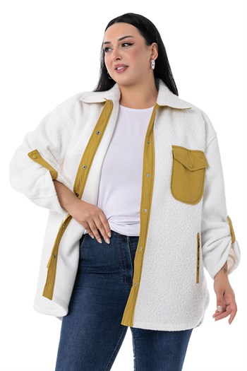 Büyük Beden Katlamalı Kollu Hardal Kumaş Garnili Buklet Beyaz Ceket Gömlek
