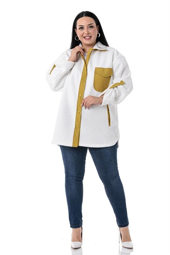 Büyük Beden Katlamalı Kollu Hardal Kumaş Garnili Buklet Beyaz Ceket Gömlek