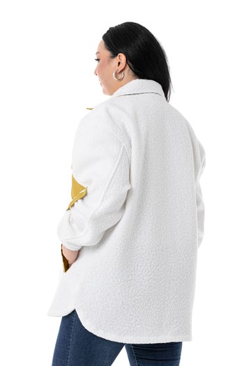 Büyük Beden Katlamalı Kollu Hardal Kumaş Garnili Buklet Beyaz Ceket Gömlek