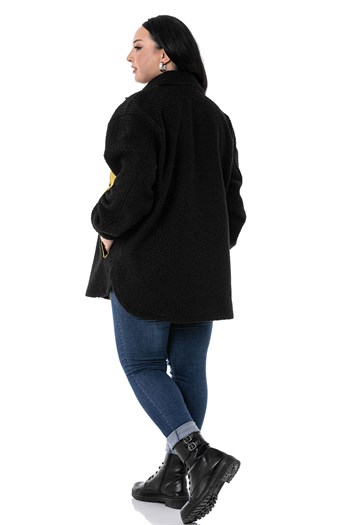 Büyük Beden Katlamalı Kollu Hardal Kumaş Garnili Buklet Siyah Ceket Gömlek