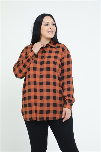Büyük Beden Katlamalı Kollu Kareli Tarçın Rengi Kadın Gömlek