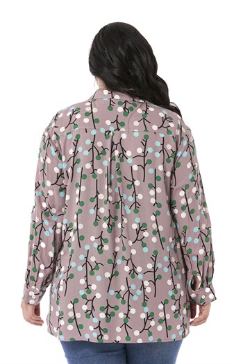 Büyük Beden Katlamalı Kollu Sahte Cep Kapaklı Desenli Pudra Kadın Gömlek