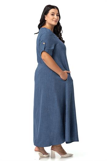 Büyük Beden Katlamalı Yarım Kollu Apoletli Yırtmaçlı Uzun İndigo Elbise 