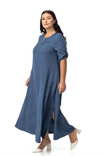 Büyük Beden Katlamalı Yarım Kollu Apoletli Yırtmaçlı Uzun İndigo Elbise 
