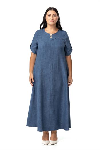 Büyük Beden Katlamalı Yarım Kollu Apoletli Yırtmaçlı Uzun İndigo Elbise 