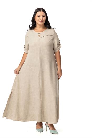Büyük Beden Katlamalı Yarım Kollu Apoletli Yırtmaçlı Uzun Bej Rengi Elbise 