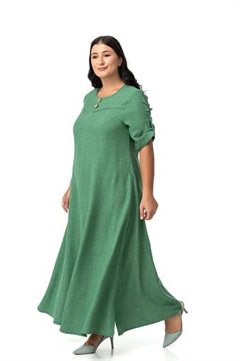Büyük Beden Katlamalı Yarım Kollu Apoletli Yırtmaçlı Uzun Yeşil Elbise 