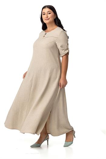 Büyük Beden Katlamalı Yarım Kollu Apoletli Yırtmaçlı Uzun Bej Rengi Elbise 