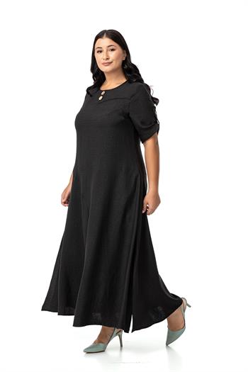 Büyük Beden Katlamalı Yarım Kollu Apoletli Yırtmaçlı Uzun Siyah Elbise 
