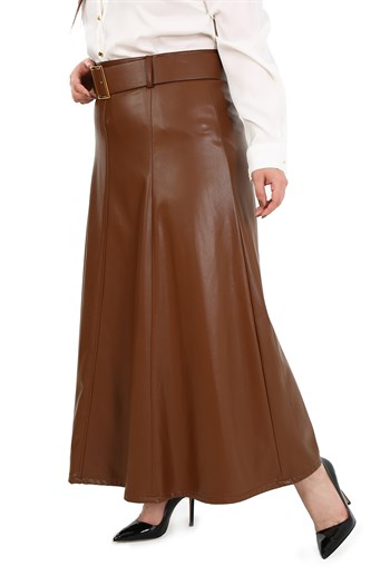 Büyük Beden Kemerli Uzun Kahverengi Deri Etek