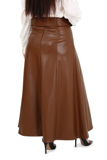 Büyük Beden Kemerli Uzun Kahverengi Deri Etek