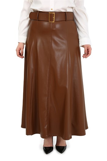 Büyük Beden Kemerli Uzun Kahverengi Deri Etek