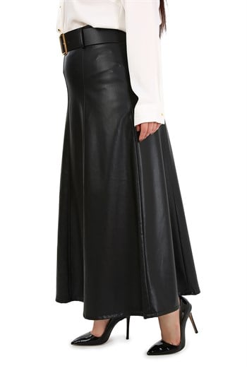 Büyük Beden Kemerli Uzun Siyah Deri Etek