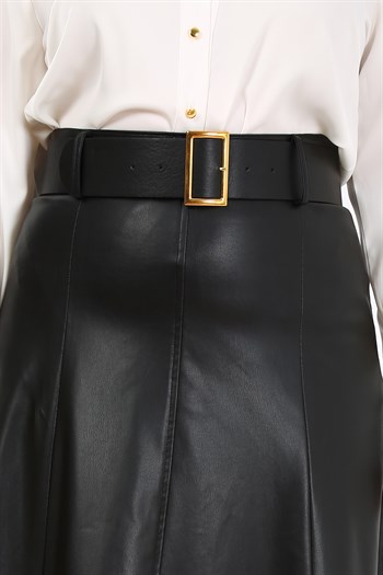 Büyük Beden Kemerli Uzun Siyah Deri Etek