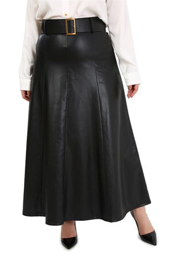 Büyük Beden Kemerli Uzun Siyah Deri Etek