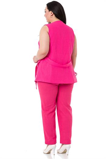Büyük Beden Kemerli Yelek Pantolon Keten Astarlı Fuşya Takım