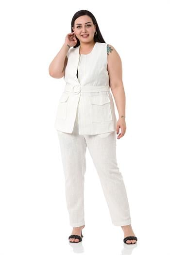 Büyük Beden Kemerli Yelek Pantolon Keten Astarlı Beyaz Takım
