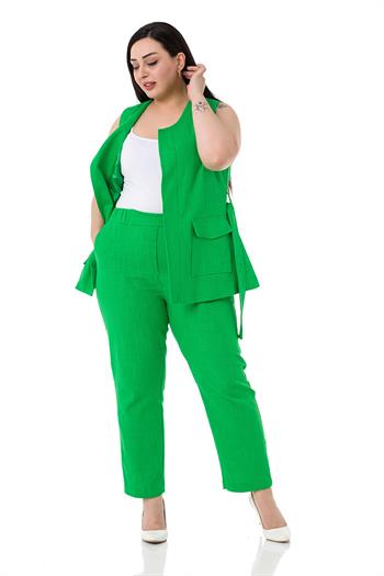 Büyük Beden Kemerli Yelek Pantolon Keten Astarlı Yeşil Takım