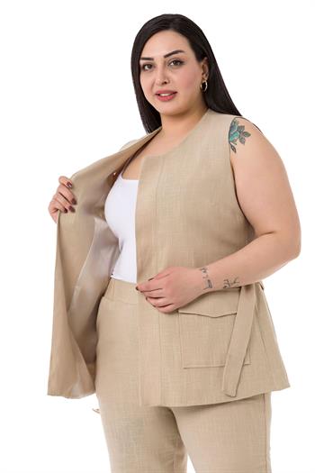 Büyük Beden Kemerli Yelek Pantolon Keten Astarlı Bej Takım