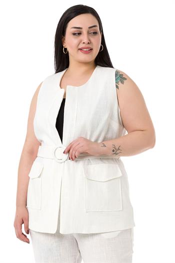 Büyük Beden Kemerli Yelek Pantolon Keten Astarlı Beyaz Takım