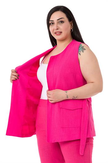 Büyük Beden Kemerli Yelek Pantolon Keten Astarlı Fuşya Takım