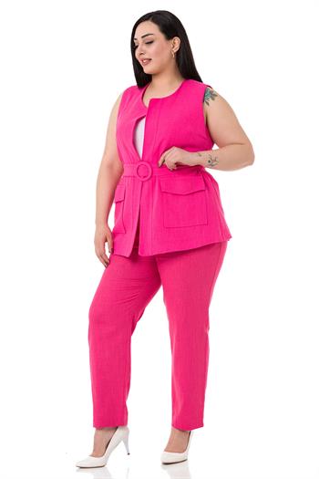 Büyük Beden Kemerli Yelek Pantolon Keten Astarlı Fuşya Takım