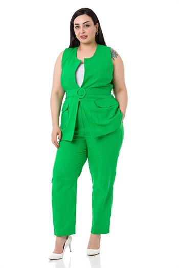 Büyük Beden Kemerli Yelek Pantolon Keten Astarlı Yeşil Takım