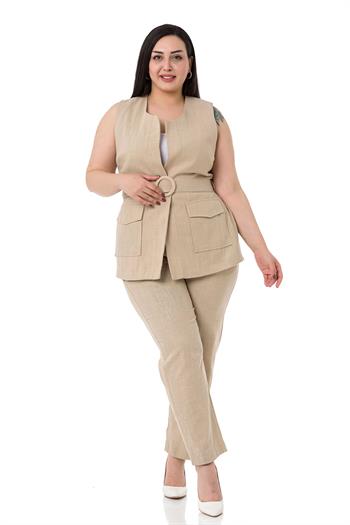 Büyük Beden Kemerli Yelek Pantolon Keten Astarlı Bej Takım
